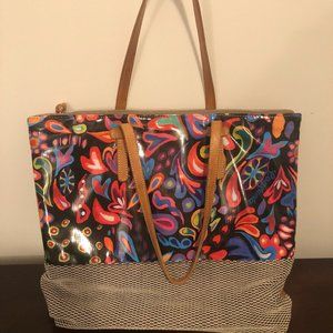 Consuela Sophie Pattern Market Tote Leather,Black Swirls and Flowers Pattern